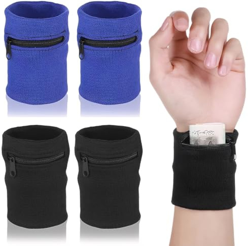 BDEPSTR Wristbands con Bolsillo,4 Pcs Muñequera Deportiva con Cremallera,Accesorios de Entrenamiento,para Monedas,Llaves,Billetera,Muñequeras Unisex