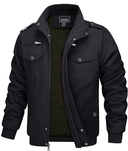 MAGCOMSEN Herren Military Jacke Leicht Übergangsjacke Winddichte Outdoorjacke Herbst Windjacke Baumwolle Fliegerjacke, Schwarz 3XL