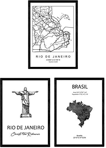 Nacnic Pack de posters de paises y monumentos. Mapa ciudad Rio de janeiro, monumento Cristo redentor y mapa Brasil. Tamaño A3