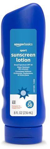 Amazon Basics Sport Sunscreen Lotion SPF 50, Water Resistant (80min), Formulated without Octinoxate & Oxybenzone, Broad Spectrum UVA/UVB Protection, 8 Fluid Ounce