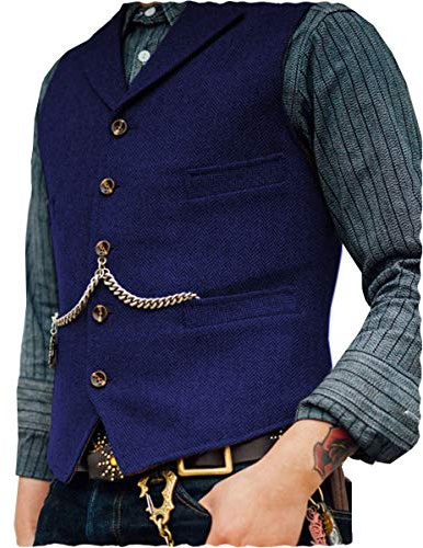 AeoTeokey Classic Mens Wool Tweed Suit Vest Casual Sleeveless Jacket Herringbone Waistcoat for Tuxedos(L,Royal Blue)