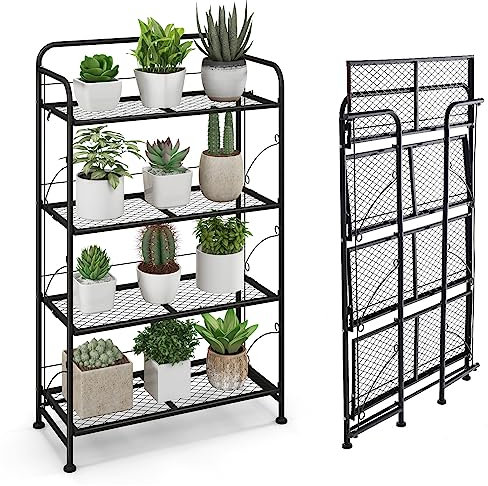 GOPLUS Support Plantes Interieur à 4 Niveaux en Métal à Lattes, 60 x 25 x 100 CM, Porte Plante Interieur Pliante avec Tablettes Réglables & Pieds Réglables, Idéal pour Balcon, Jardin, Terrasse, Noir