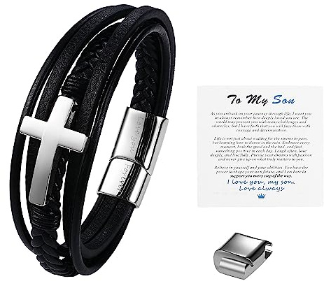 OIDEA herrarmband läder flätad med magnetisk stängning med kors nautisk knut Tors hammare varghuvud varg armband silver svart present till son med To my son kort, 21 cm - 22 cm (inklusive Zusatzteil),
