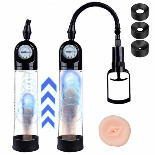 Penispumpe - Manueller Penisvergrößerer mit Druckmesser Sex Spielzeug für die Männer Penispumpen zum Trainieren der Erektilen Funktion des Penis Penis Pumpe mit Wählscheibe und 3 Penisringen (B,C)
