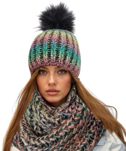 Solvera_Ltd Gorro Bufanda de punto, gorro de punto cálido para invierno, gorro de invierno y lazo con pompón de piel sintética, juego de punto con forro, gorro con pompón de pelo +