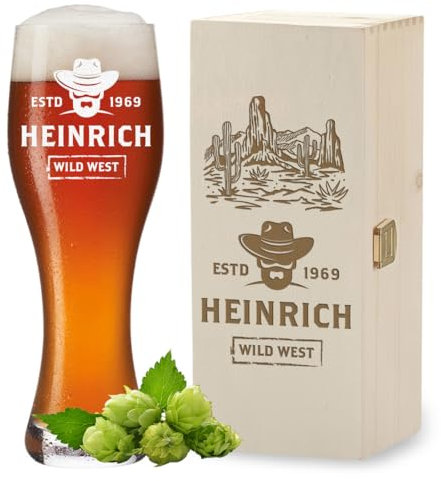 polar-effekt Bicchiere da birra bianco da 0,5 litri e scatola di legno con incisione personalizzata, regalo per gli amanti della birra, senza BPA e lavabile in lavastoviglie