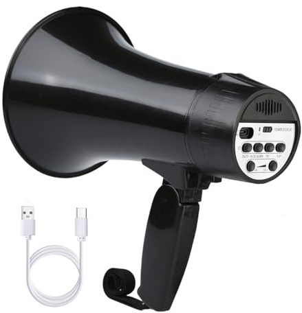 UZOCHI 20 Watt Rechargeable Megaphone Bullhorn Speaker, Siren and 240s Recording, Portable Mega Phone with Power Display and Strap (Black)