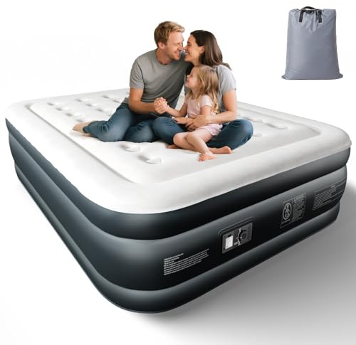 Bonnlo King Inflatable Air Bed, Double Camping Air Mattress, 203x152x46cm | With Built-in Electric Pump, Flocked Surface, UK Plug, 250kg Capacity for Outdoor Camping & Guest Use (Grey/White)