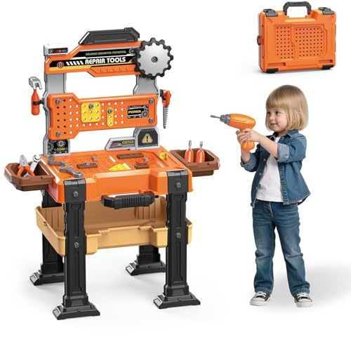 KUSCOR Kids Tool Bench with Realistic Tools and Electric Drill, Suitable for 3-5 Year Olds to Build Their Own Toy Workbench