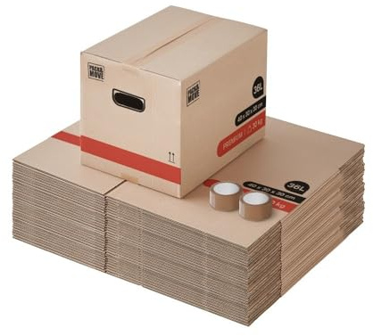 Pack and Move - Lot 40 Cartons Déménagement Livres Premium - 40 X 30 X 30 Cm - Extrême Résistance 30 KG - Poignées Renforcées - 2 Adhésifs Offerts