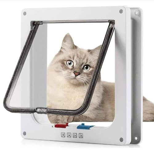 Cat Door, Safety Pet Door with 4 Way Lock, Weatherproof & Easy Installation Cat Flap For Cats & Doggie, Silent Manual Pet Flap For Interior Exterior Door Wall/Wooden/Upvc Door with Tunnel (White,L)