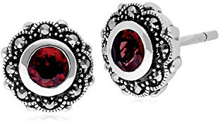 Boucles d'oreilles clou florales de style Art nouveau en argent sterling 925, grenat rond et marcassite