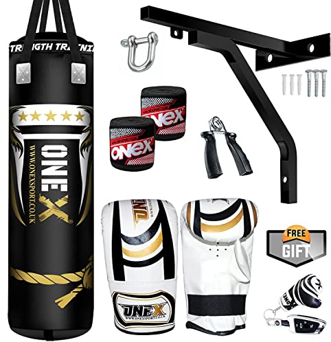 ONEX Heavy Filled Boxing Punch Bag Set Gloves Bracket MMA Pad Punching Kick Bag 13Pcs 3ft – 4ft - 5ft With Straps (Black, 4ft)
