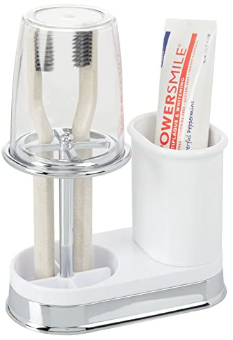 mDesign Plastic Toothpaste and Toothbrush Holder Center with Cup/Cover - Organizer for Bathroom Vanity Countertop - Holds Paste, Floss, Accessories - Hyde Collection - White/Chrome