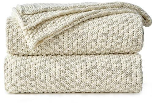 Longhui bedding Cream Knitted Throw Blanket for Couch, Soft, Cozy Machine Washable 100% Cotton Sofa Knit Blankets, Heavy 3.0lb Weight, 51 x 63 Inches, Beige Color