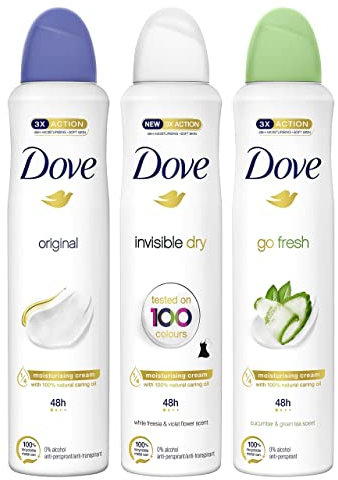 Dove Pack Desodorante Aerosol 48h Original, Invisible Antimanchas y Pepino Té Verde, Spray Sin Alcohol para Mujer, con Aceite Nutritivo 100% Natural y 1/4 de Crema Hidratante, Pack de 3 x 250 ml