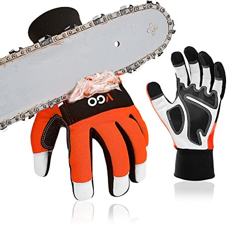 Vgo... Chainsaw Gloves 12-Layer Protection on Both Hands, Safety Foresty Work Gloves with Touchscreen in Goat Leather(XL,1 pair)