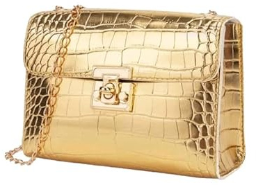 Petit sac doré avec chaîne dorée, sac à bandoulière en cuir aspect crocodile, avec fermeture de sécurité, modèle Fashion