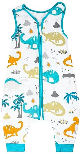 FLYISH DIRECT Saco de Dormir con pies, Saco de Dormir 100% algodón con pies, Saco de Dormir para bebé sin Mangas de 0,5 TOG con piernas, pañal portátil Transpirable para bebé, L, Dinosaurio