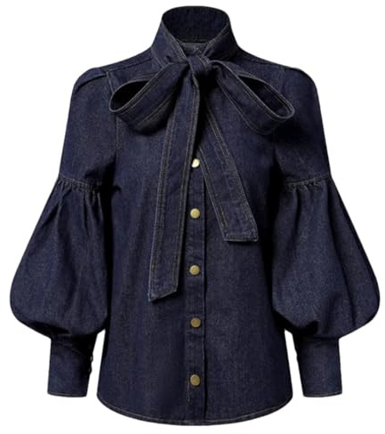 Tdvcpmkk Chemise À Manches Bouffantes en Denim pour Femmes, Design avec Nœud Papillon, Col Haut, À La Mode, Printemps Et Automne