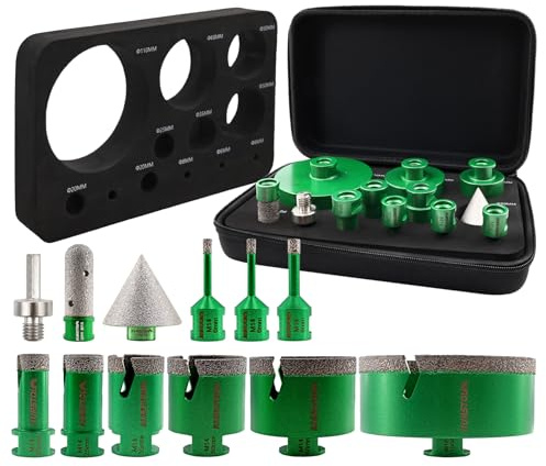 KURSTOL Punta per Trapano Diamantata Set - 6/6/8/20/25/35/50/68/110MM+50MM Fresa Diamantata+20MM Frese per Piastrelle+Adattatore a codolo esagonale per gres porcellanato granito piastrelle marmo