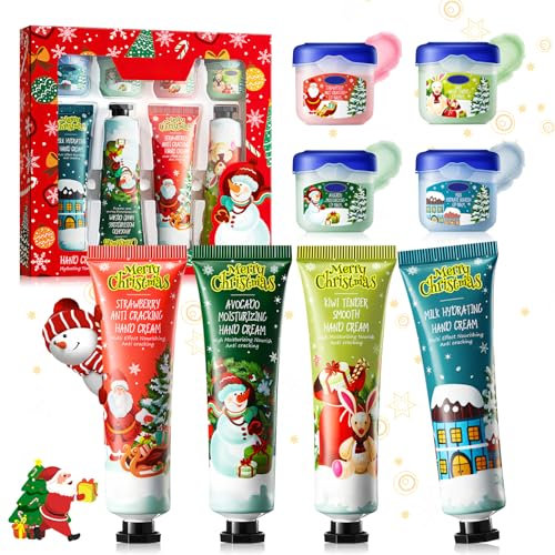 Crema Mani Natale, Kit di Cura per Natale, Crema Mani Regalo Natale*4+ Balsamo Labbra Natalizio*4, Crema Mani Secche e Screpolate, Creme Mani Natalizie Regalo Natale, Idratante
