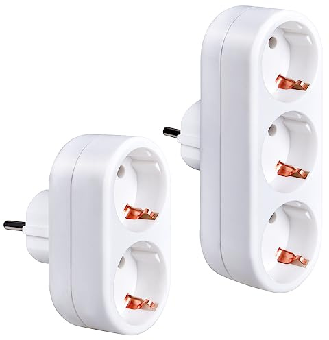 2 Piezas Enchufe Multiple Pared Adaptador, Triple Enchufe y Enchufe Doble 250V/16A 3680W Ladron Enchufes Portátil para Oficina Viaje CAS