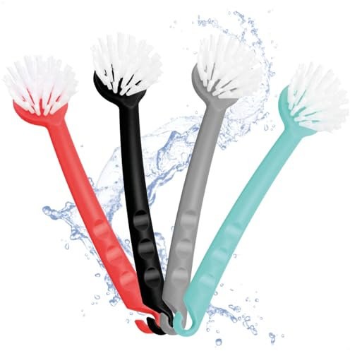 com-four® 4X Cepillo para Platos – Cepillo de Cocina para Lavar – Cerdas de Nailon – De plástico – Aprox. 26 cm (4 Piezas - Rojo/Turquesa/Gris/Negro)