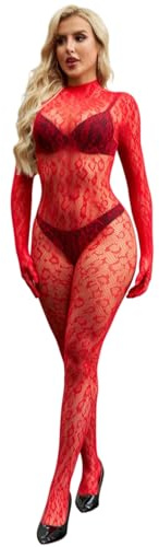Bommi Fairy Leopard Lace Jumpsuits for Women Bodycon See Through Rave Outfits for Ladies Night Club One Piece Bodysuit (Red)
