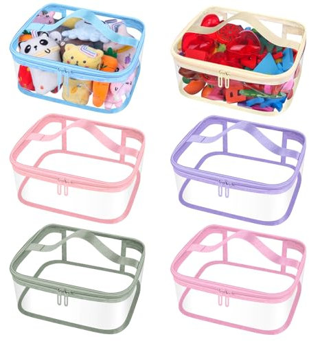 6 Pcs Clear PVC Toy Storage Bags with Handles 9.1x6.7x3.9 Inch Travel Toiletry Bags Waterproof Toy Storage Organizer Pouch with Zipper for Building Blocks Puzzle (6 Colors)
