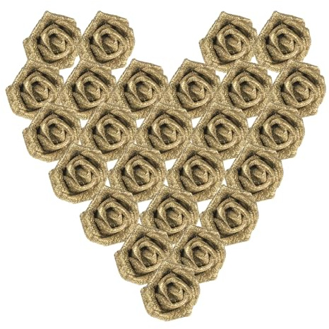 PATIKIL Rose Glitter, 25 Pc Fiori Artificiali in Schiuma Rose Teste di Fiori Finti dall'aspetto reale con Stelo per Bouquet Nuziali Fai da Te Centrotavole Ghirlande, Oro