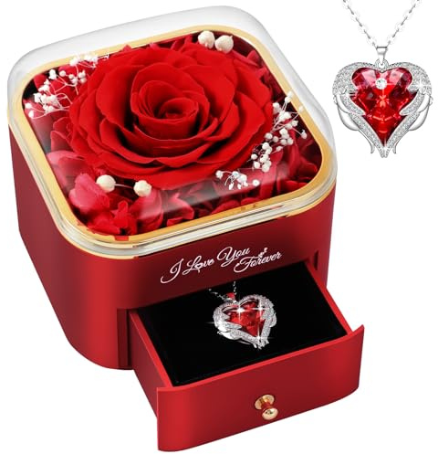 FRFG Rosa Stabilizzata Eterna, Vera Rosa Eterna con Collana Regali per Lei, Festa Della Mamma Idee Regalo, Ti Amo per Sempre Regalo, Idee Regalo Donna, Regalo Anniversario Matrimonio (Rosso)