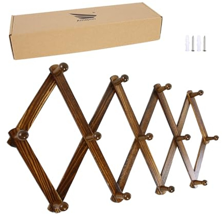 AMAPON Accordion Style Expandable Wall Wooden Coat Rack 13 Hooks (Pegs) Hang Hats Jackets Coffee Mug Purses Necklaces Towels Cap Leash Scarves Data Line Kitchenware (Walnut)