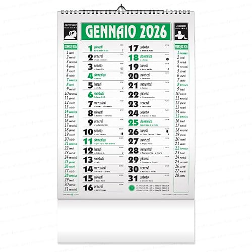 Calendario 2026 Olandese Spiralato, 5 pezzi, con Santi, Festività, Fasi Lunari, Mesi Adiacenti, 31x50,5 cm, Vari Colori (VERDE)