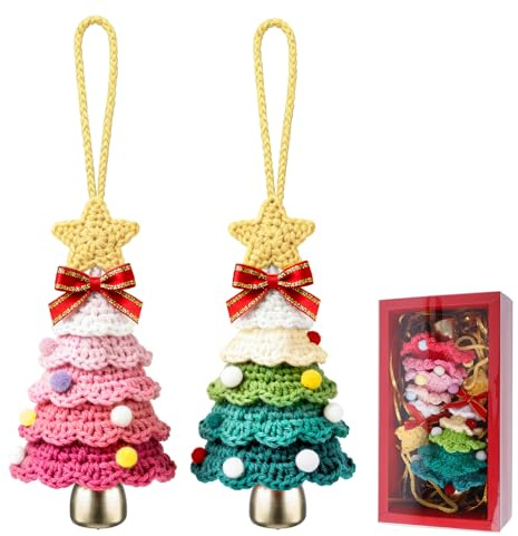 Xiuxhae 2 Lana Colgante De Campana De Navidad Tejido Mini-Árbol Auto,Mini Colgante De Campana De Árbol De Navida 10cm con Caja Regalo,Decoración De Navidad para Coche Reutilizable