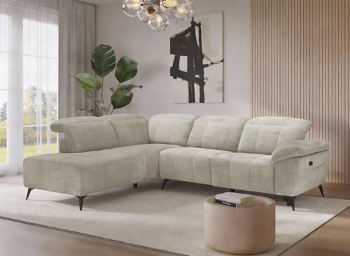 DecoInParis Canapé d'angle Relax électrique en Velours chiné Beige SOLINA - Angle Gauche