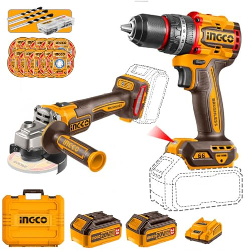 Ingco Ckli20273e Set Smerigliatrice Angolare 115 mm e Trapano a Percussione a Batteria 20 V e 2 Batterie 4 ah in Valigetta