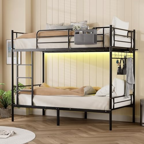 SOWIK Bunk Bed,Bunk Bed Twin Over Twin with Power Outlet and LED Lights,Heavy-Duty Safety Metal Rails Ladder,Space-Saving Design with Storage Hooks,440lbs Capacity,Black