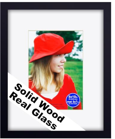 RPJC 8x10 (5x7 with Mat) Solid Wood Picture Frame Real Glass Cover Black