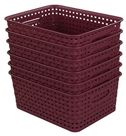 Sandmovie Plastic Weave Storage Baskets for Kitchen Bathroom, Wine Red, 6 Packs, F