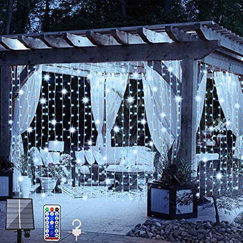 LiyuanQ Solar Curtain Lights Outdoor Fairy Lights 3m x 3m 300 LED 8 Modes Remote Control Waterproof Solar Garden Light Waterfall Fairy String Light for Patio Gazebo Party Christmas Autumn Decoration