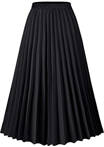 Basoteeuo Black Pleated Skirt for Women Midi Length Summer High Waisted A Line Elastic Waist Skirts M
