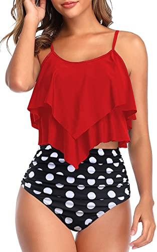 Genfien Maillot de Bain Deux Pièces pour Femme Haut à Volants et Bas Taille Haute Push Up Bikini Taille Haute Vintage Bikini Ensemble