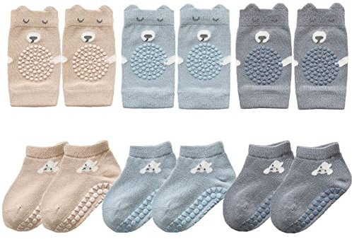 FedMois 3 Pairs Baby Knee Pads for Crawling + 3 Pairs Anti-slip Socks Cotton, grey, blue and beige, 9-18 Months