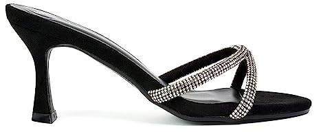 Womens Slip On Mule Heeled Sandals Ladies Stiletto Strappy Diamante Party Black Shoes Size 6