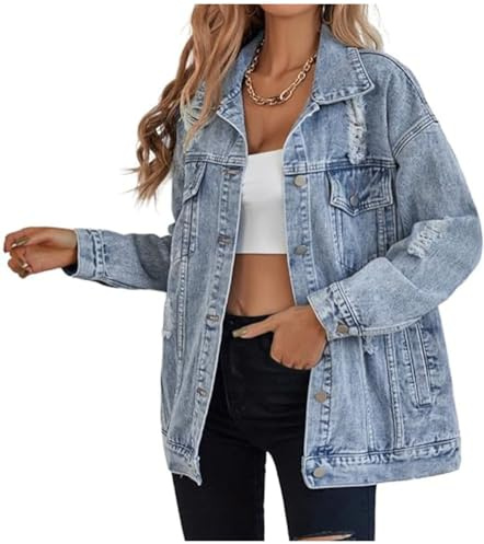 LifeShe Women's long oversized denim jacket boyfriend ripped distressed jean jackets coat, Light Blue, L