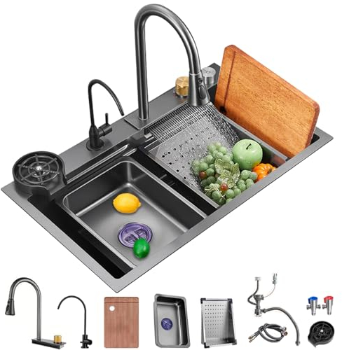 Ribanedy Évier de cuisine nano noir en acier inoxydable 304 avec robinet cascade multifonction pour lieu de travail (noir, 68 x 45 cm)