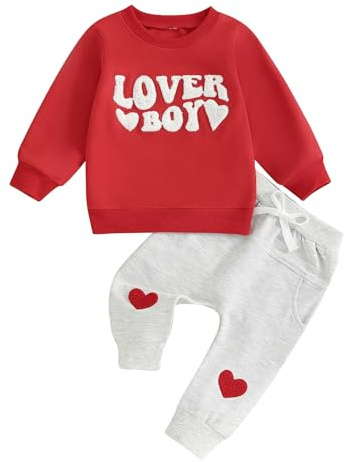 Carolilly Toddler Baby Boys 2pcs Valentine's Day Outfits, Letter Print Long Sleeve Sweatshirt + Elastic Casual Pants Suit (0-3 Years) (Red F, 6-12 Months)