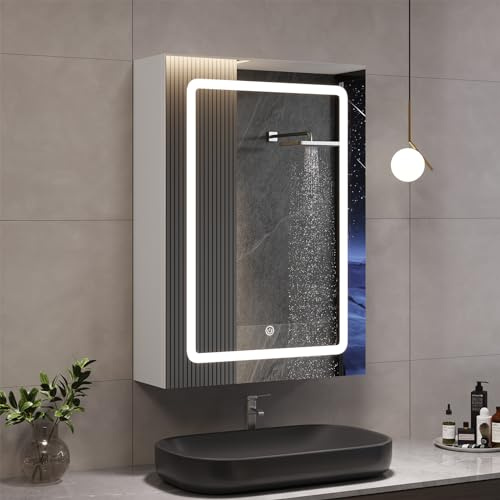 DICTAC Armadietto Specchio Bagno con Luce 50x16x70cm, Specchiera con Contenitore e Luce LED, Unica Ante Mobile Sospeso con Mensola Regolabile, Pensile Specchio, Bianco