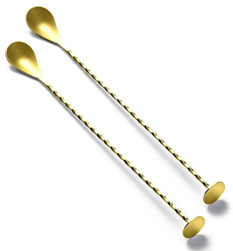 Briout Cucchiaio da bar con base, mescolatori per cocktail per bevande, in acciaio inox, manico lungo 30 cm, cucchiaio da cocktail da bar, oro, 2 pezzi